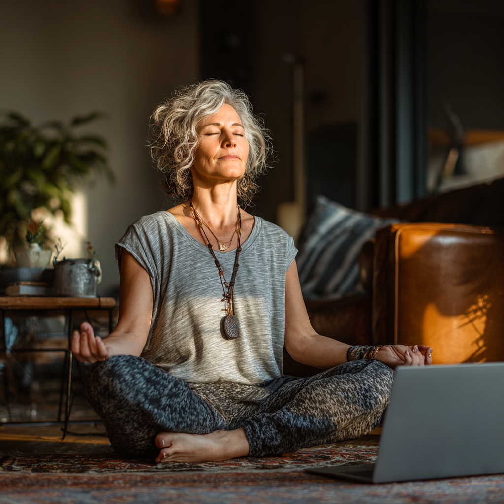Жена на 52 години практикува йога у дома пред лаптоп, следвайки онлайн урок