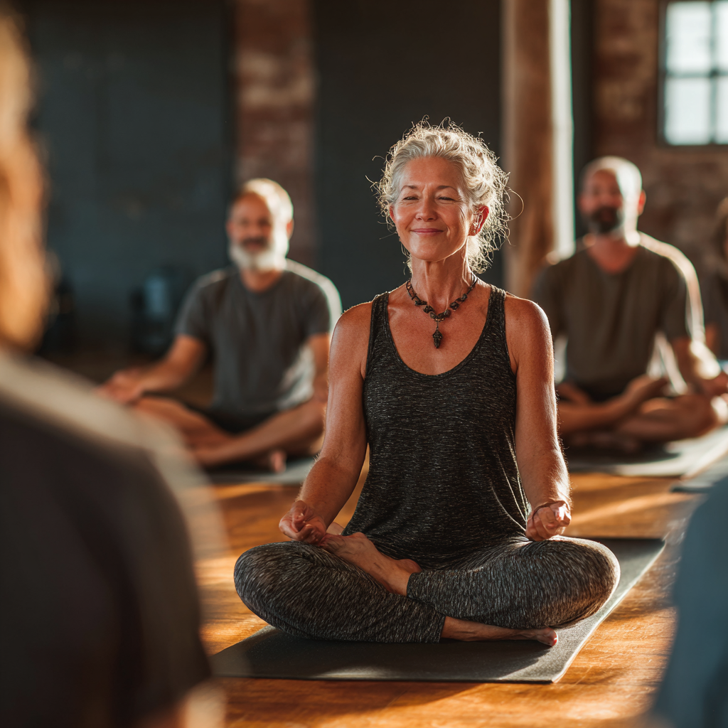 Инструктор по йога на 58 години показва основна поза на група начинаещи в спокойна обстановка