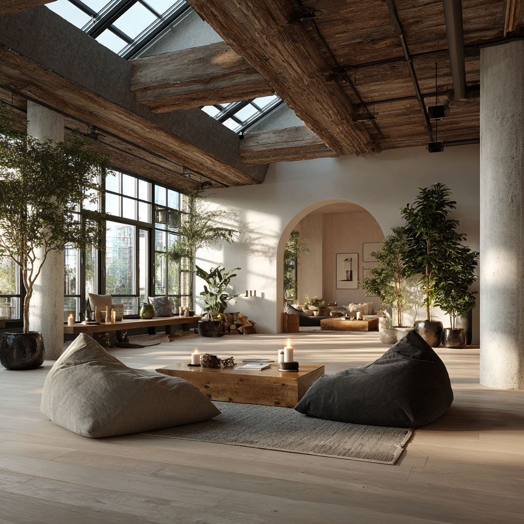 Спокойна йога зала с естествени материали и растения, хора на средна възраст медитират в тишина